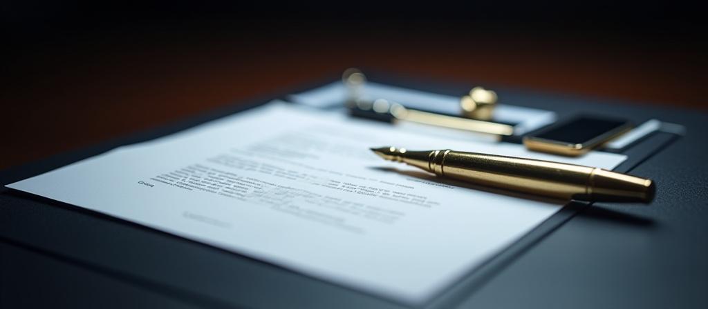 Close up of a legal document on a dark wood table with a gold pen